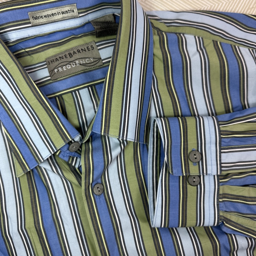Jhane Barnes Frequency Button Down Shirt Mens XL Striped L/S Oxford Blue/Green